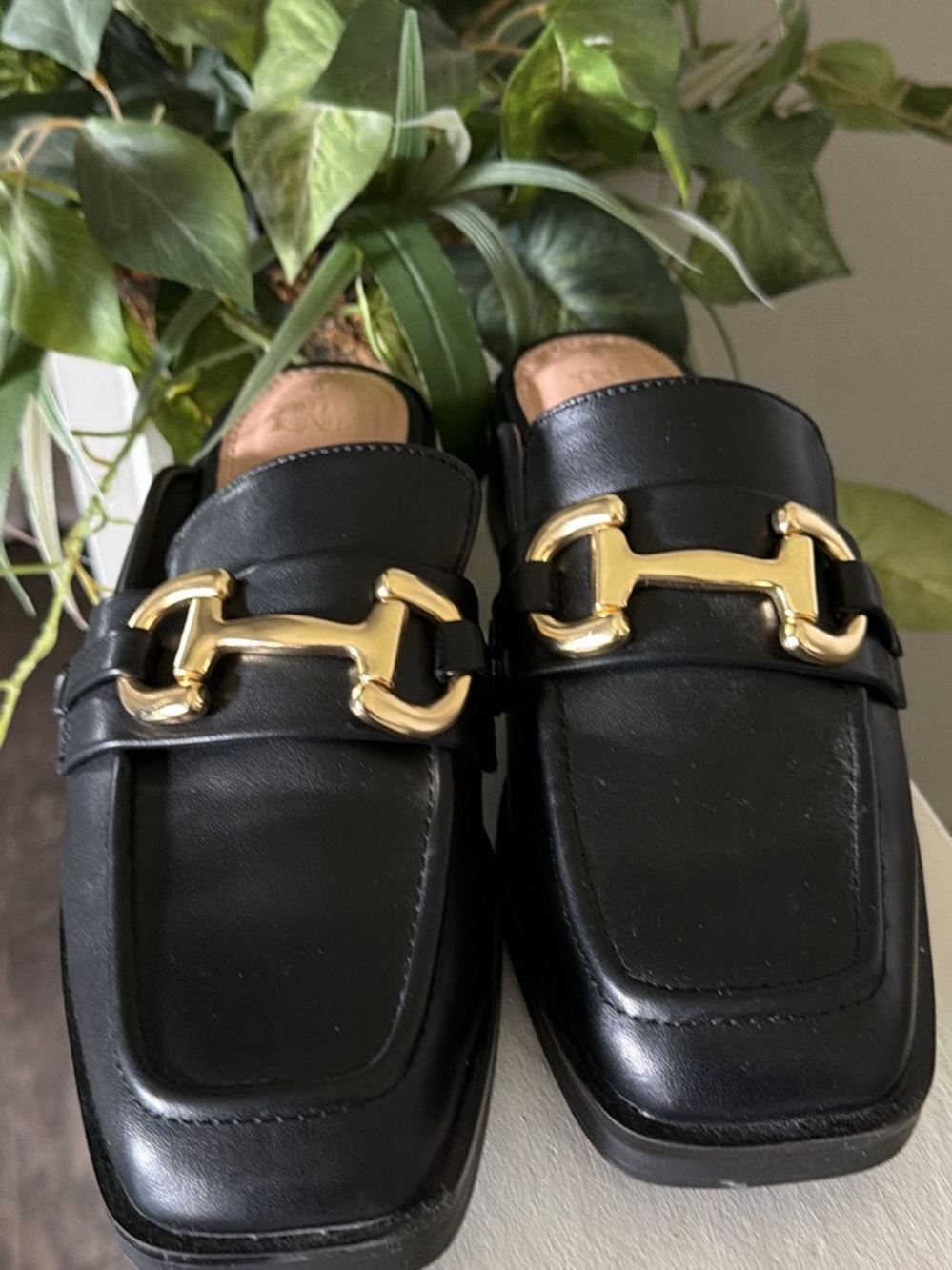 Time and Tru Black Leather Loafers with Gold Bit Detail